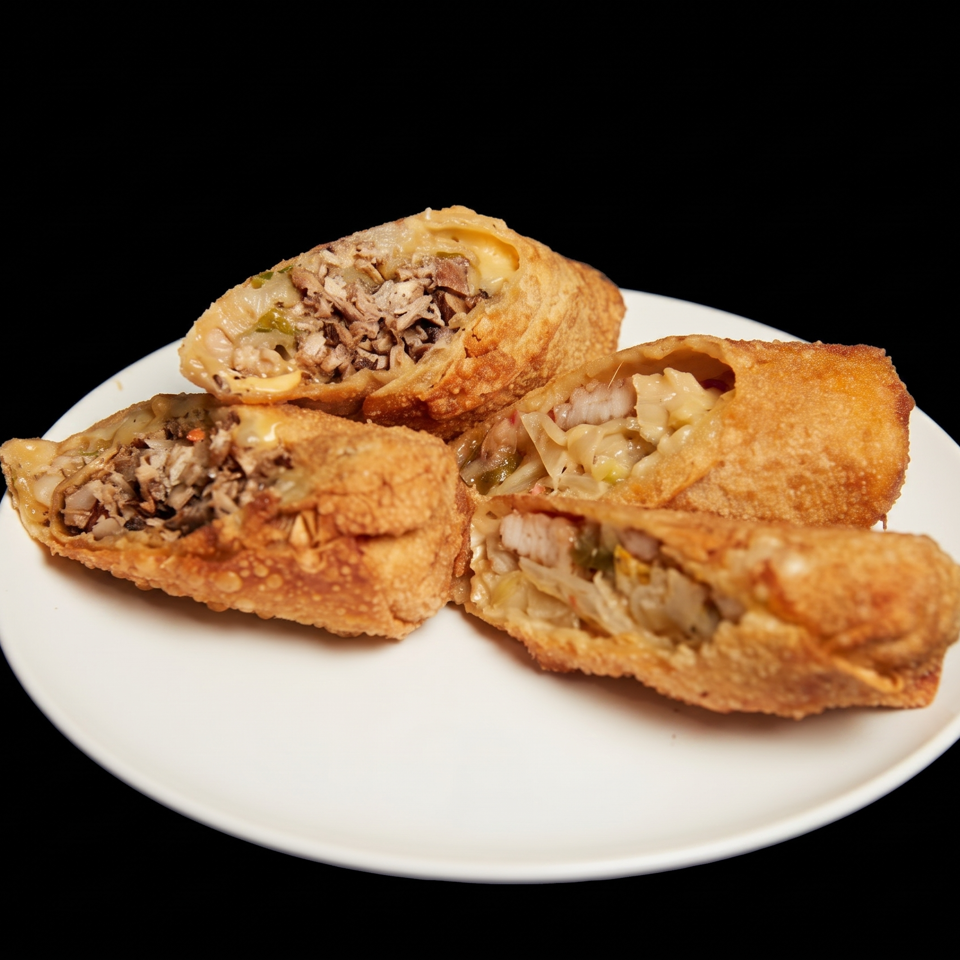 Four golden-brown egg rolls, two cut open to show savory filling, on a white plate.
