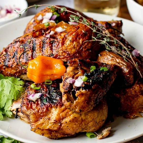 Grilled chicken pieces with herbs, habanero pepper, and chopped onions on a white plate.