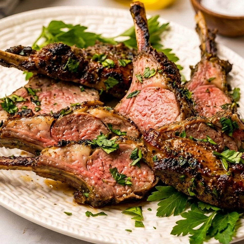 Grilled lamb chops, seasoned with herbs and spices, arranged on a white plate with fresh parsley.