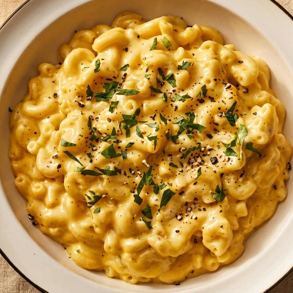 Creamy mac and cheese topped with fresh parsley and black pepper in a white bowl.