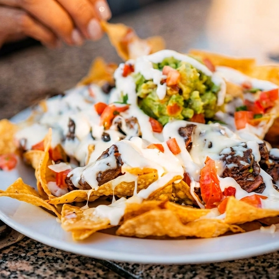 A plate of loaded nachos with steak, cheese sauce, guacamole, and diced tomatoes on a granite table.