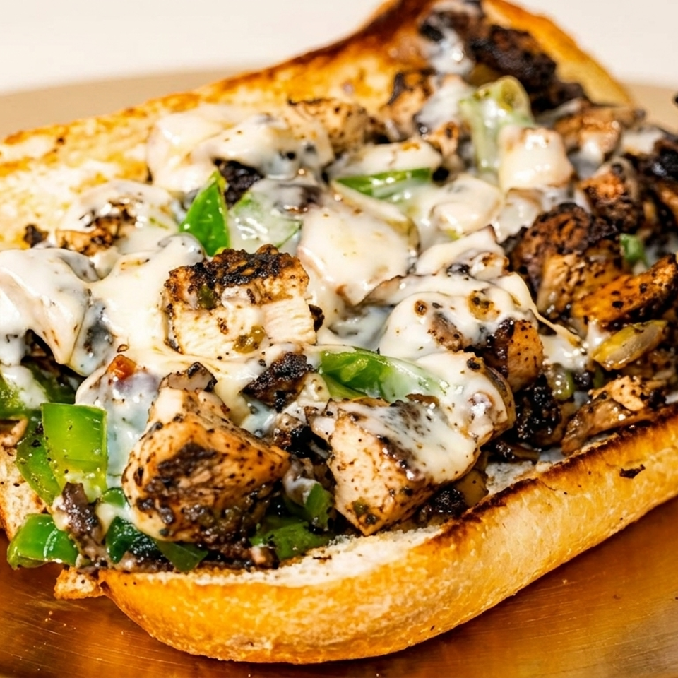 Close-up of a chicken cheesesteak sandwich with melted cheese, green peppers, and onions on a golden plate.
