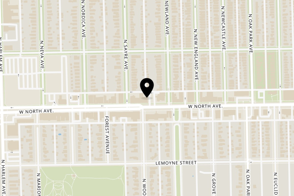 Map showing the location of The Perfect Jerk on 6954-56 W North Ave in Chicago